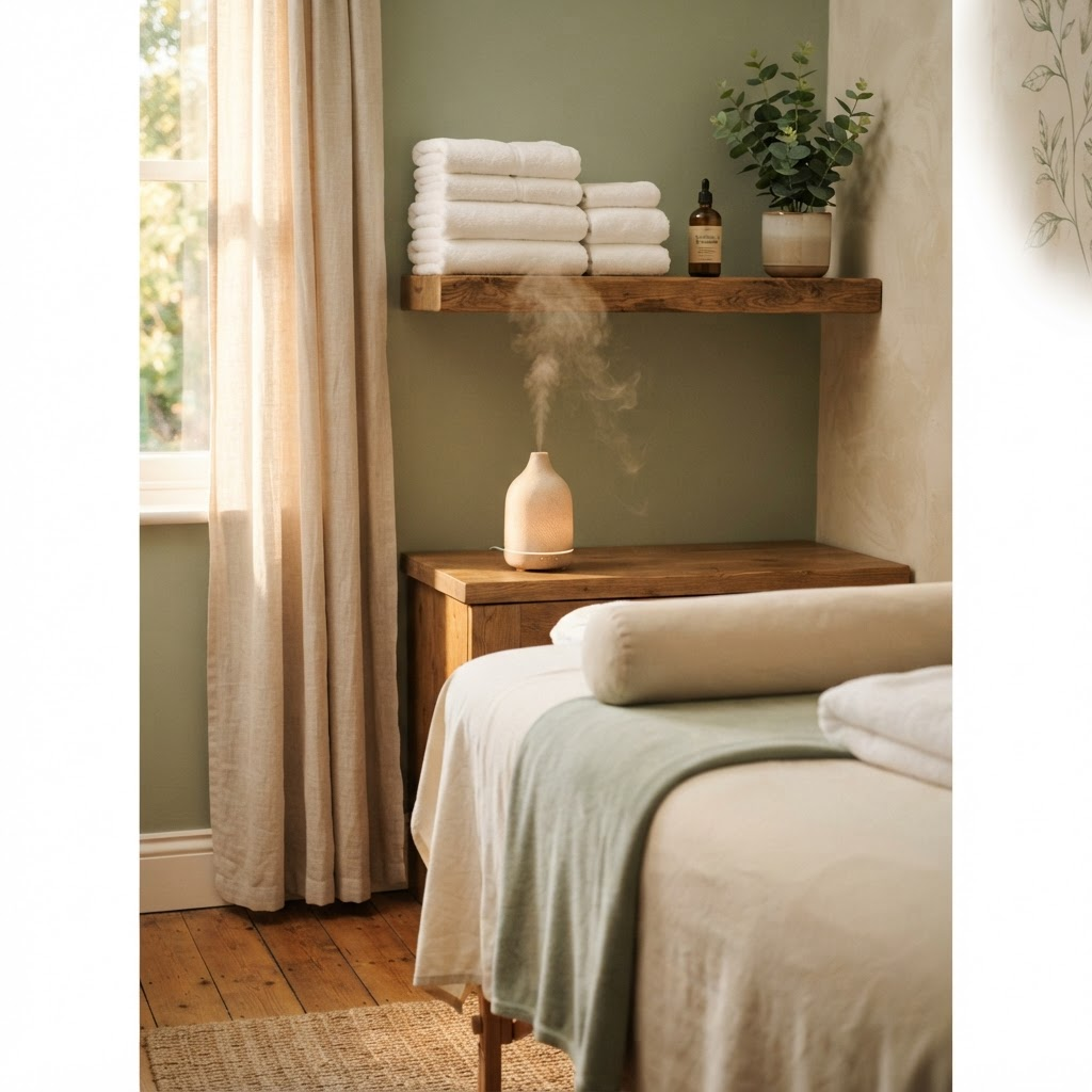 Neatly folded towels, massage oil and a eucalyptus plant in a calm spa treatment room