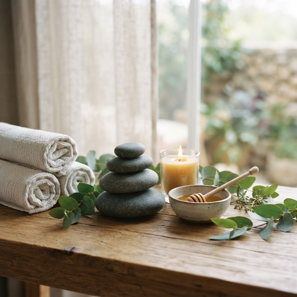 Calming spa still life with balancing stones, a candle, rolled towels and eucalyptus leaves